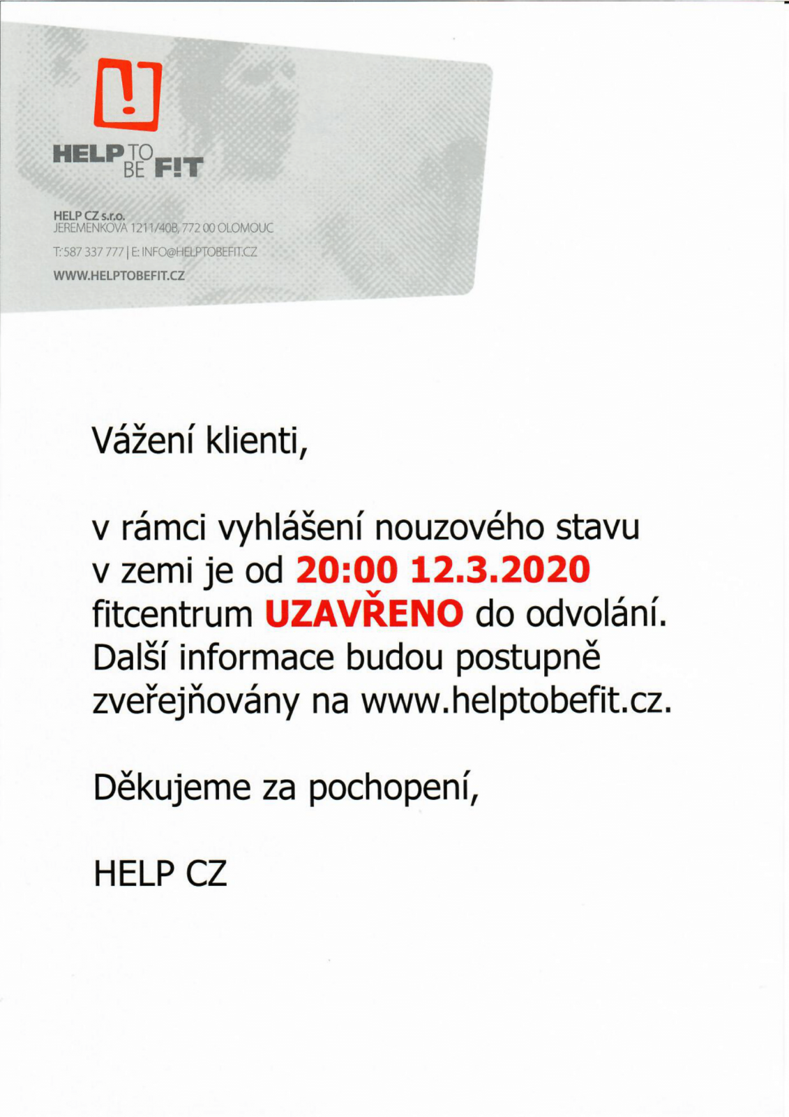 UZAVŘENÍ FITNESS CENTRA!