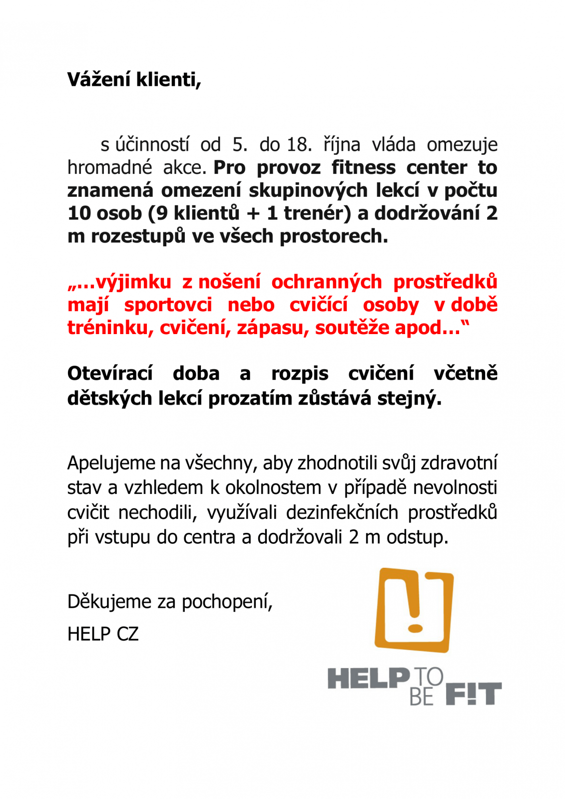Omezení skupinových lekci!