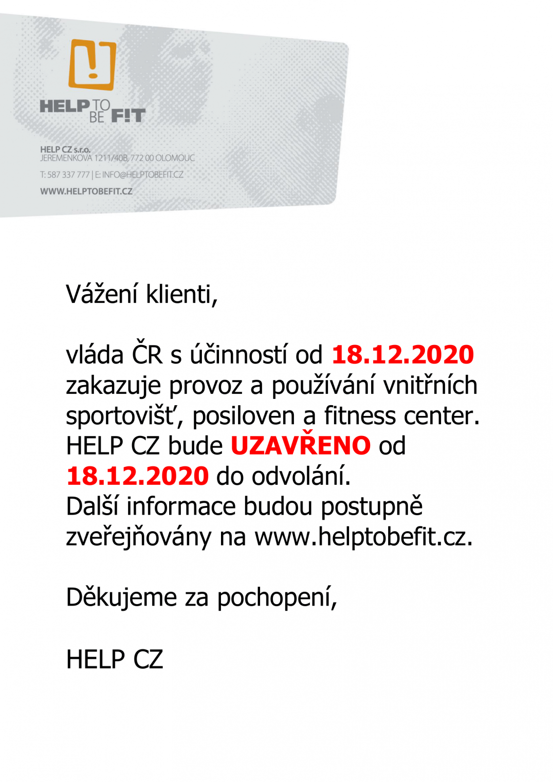 Fitcentrum HELP CZ od 18.12.2020 UZAVŘENO!