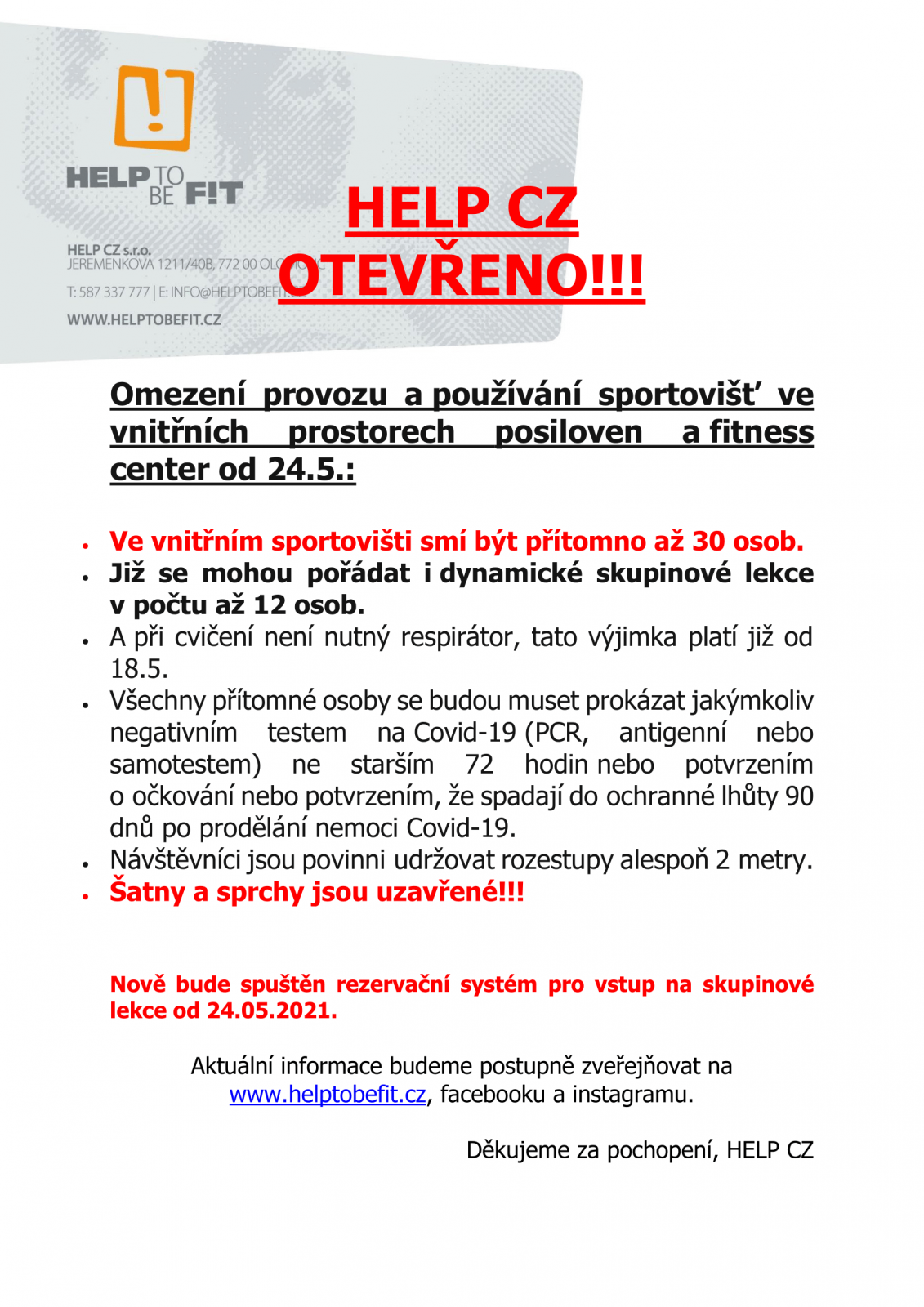 Od 24.5.2021 nové podmínky provozu!!