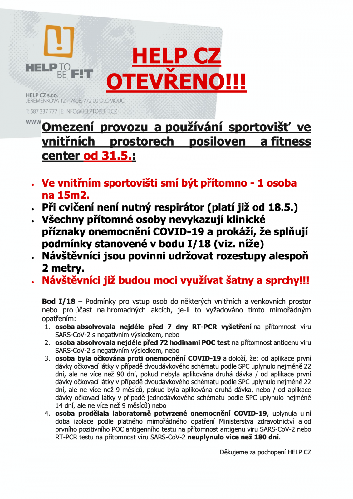 Úprava provozních podmínek od 31.5.2021!