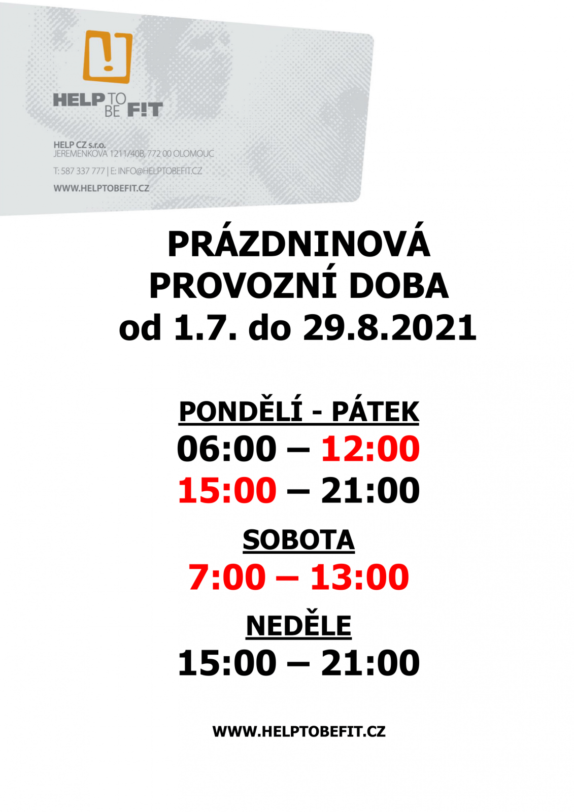 Prázdninová provozní doba!