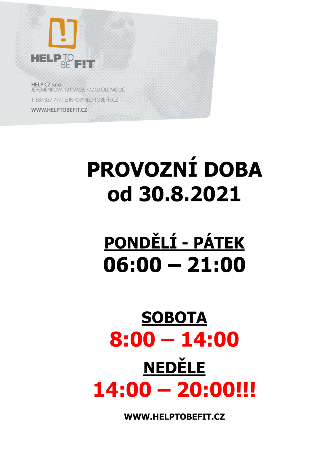 Změna provozní doby od 30.8.2021!
