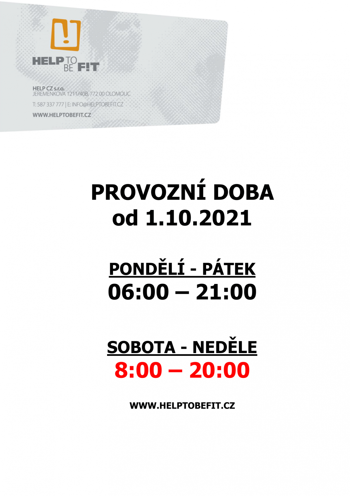 Změna provozní doby od 1.10.2021!
