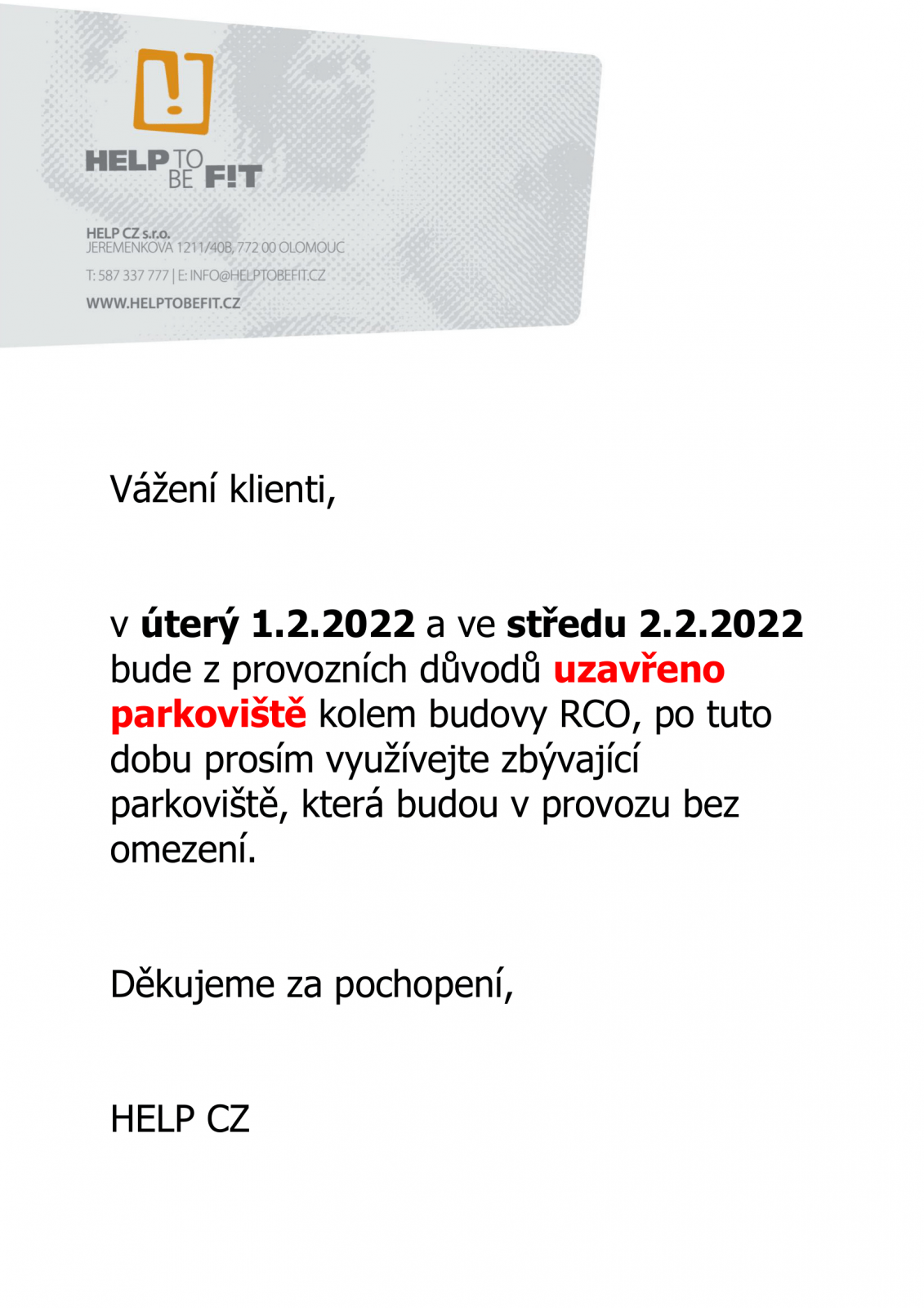Omezení parkování!