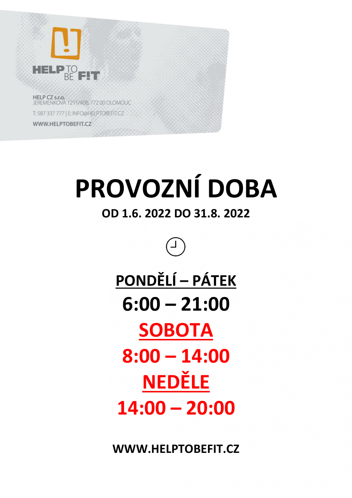 Prázdninová provozní doba!