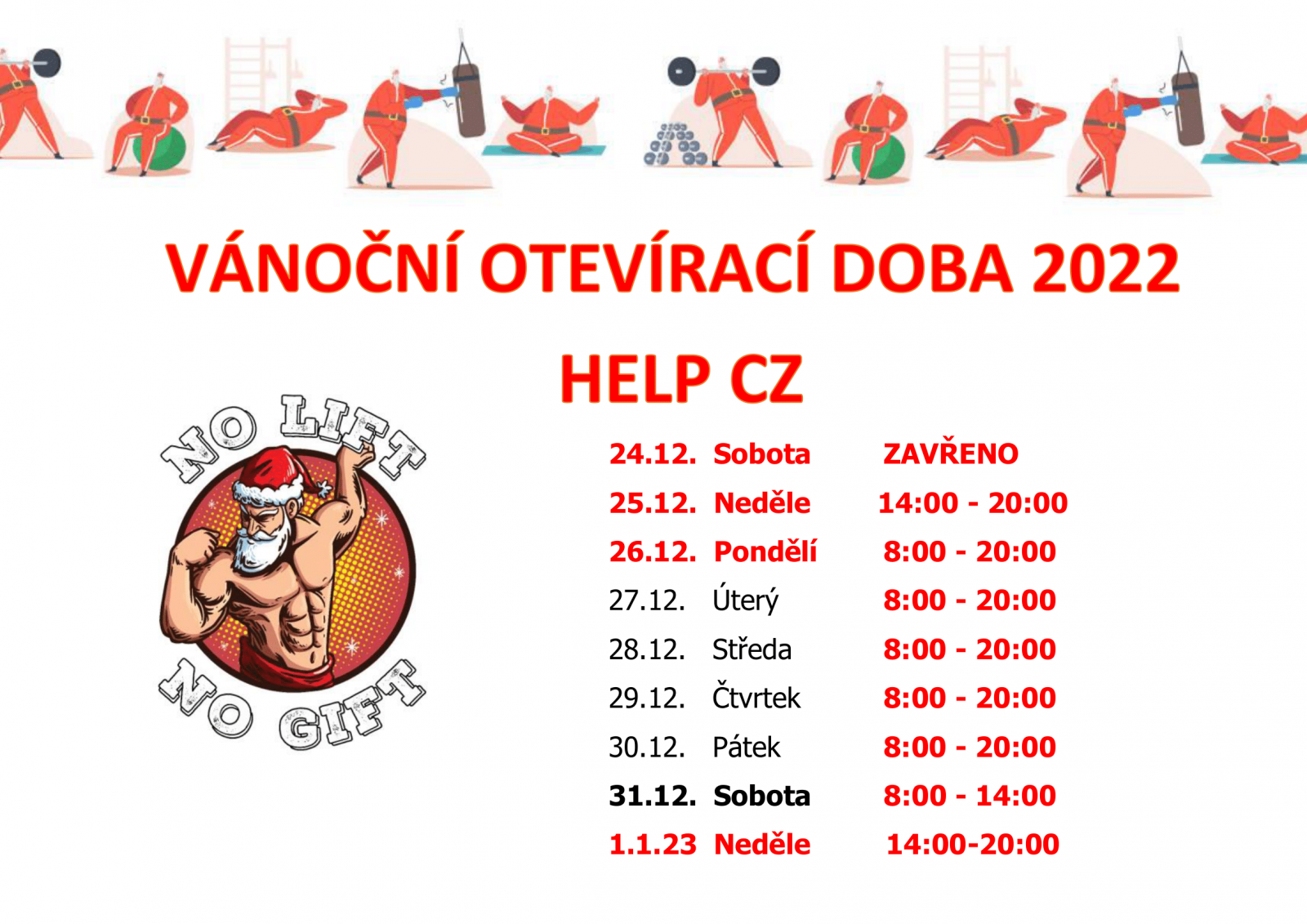 VÁNOČNÍ PROVOZNÍ DOBA!