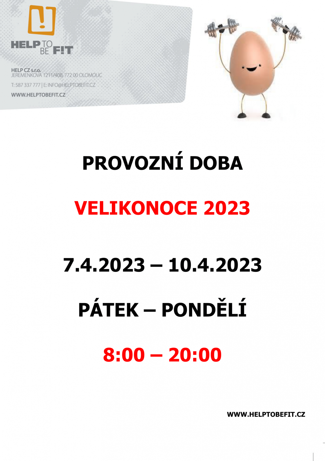 VELIKONOČNÍ PROVOZNÍ DOBA!