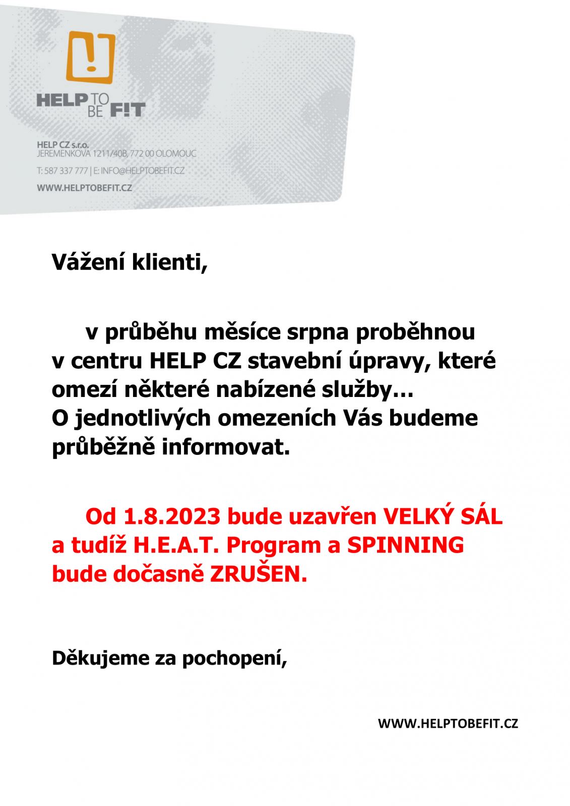 Omezení provozu od 1.8.2023!