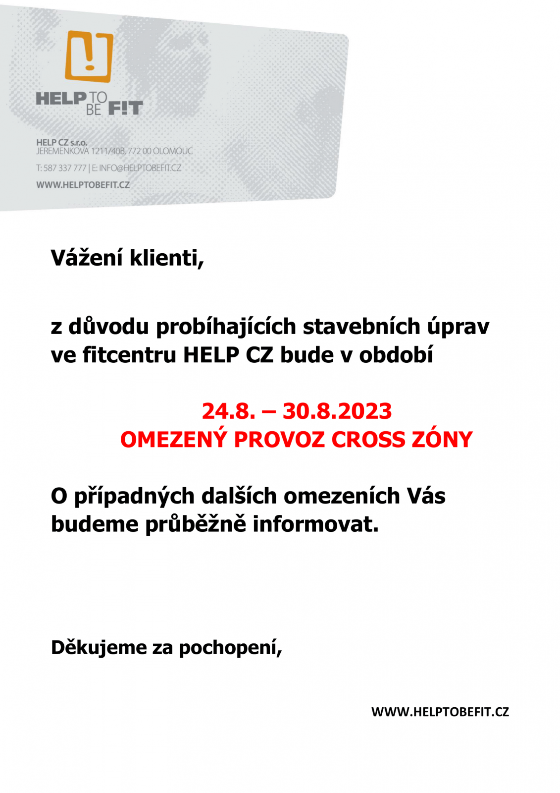 Omezení provozu od 24.8.2023!