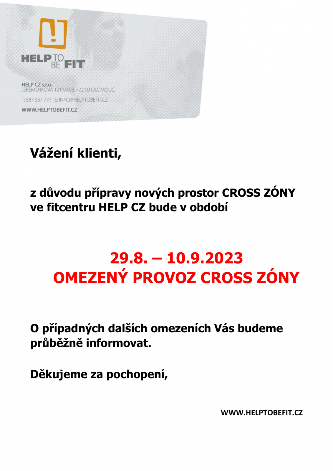 Omezení provozu od 29.8.2023!