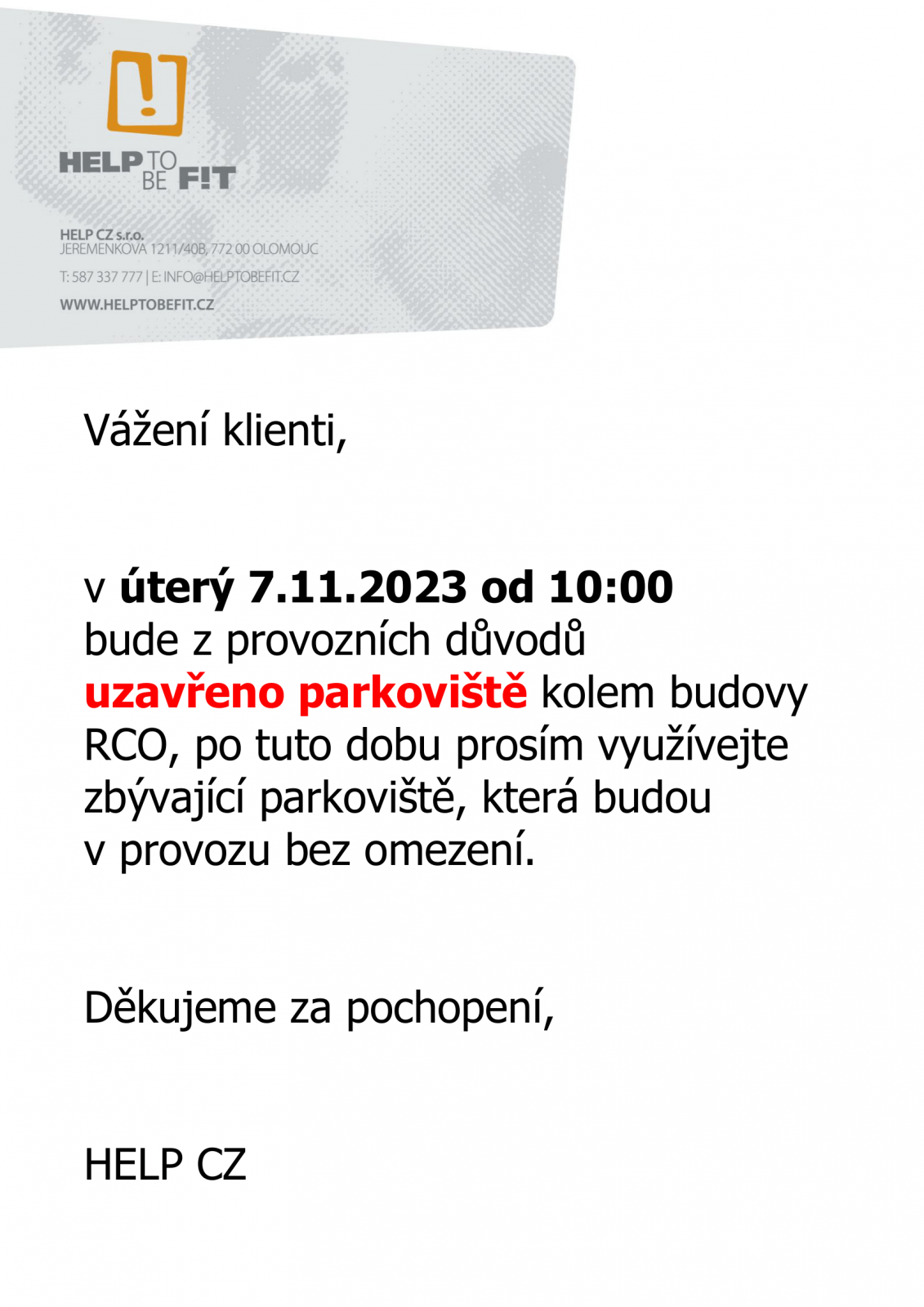 Omezení parkování 7.11.2023!