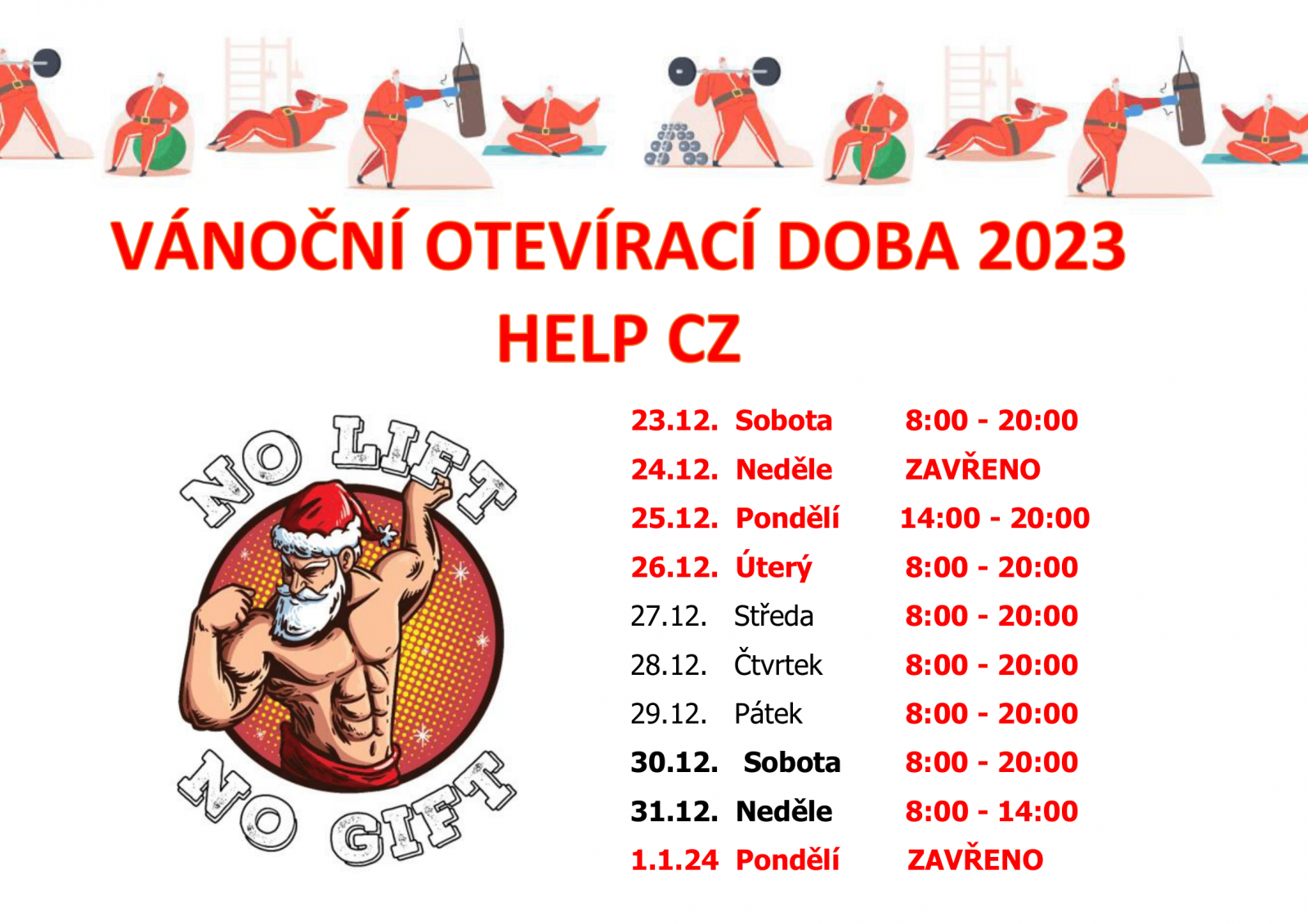 VÁNOČNÍ PROVOZNÍ DOBA!