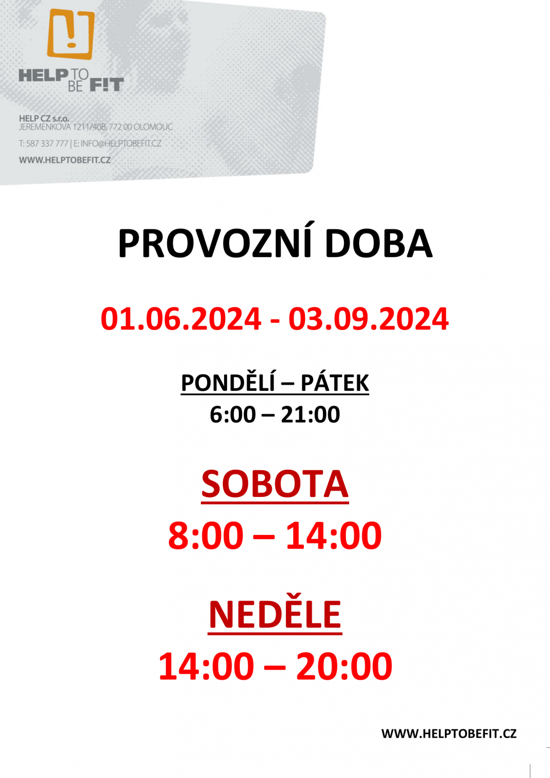PROVOZNÍ DOBA 1.6. - 3.9.2024!