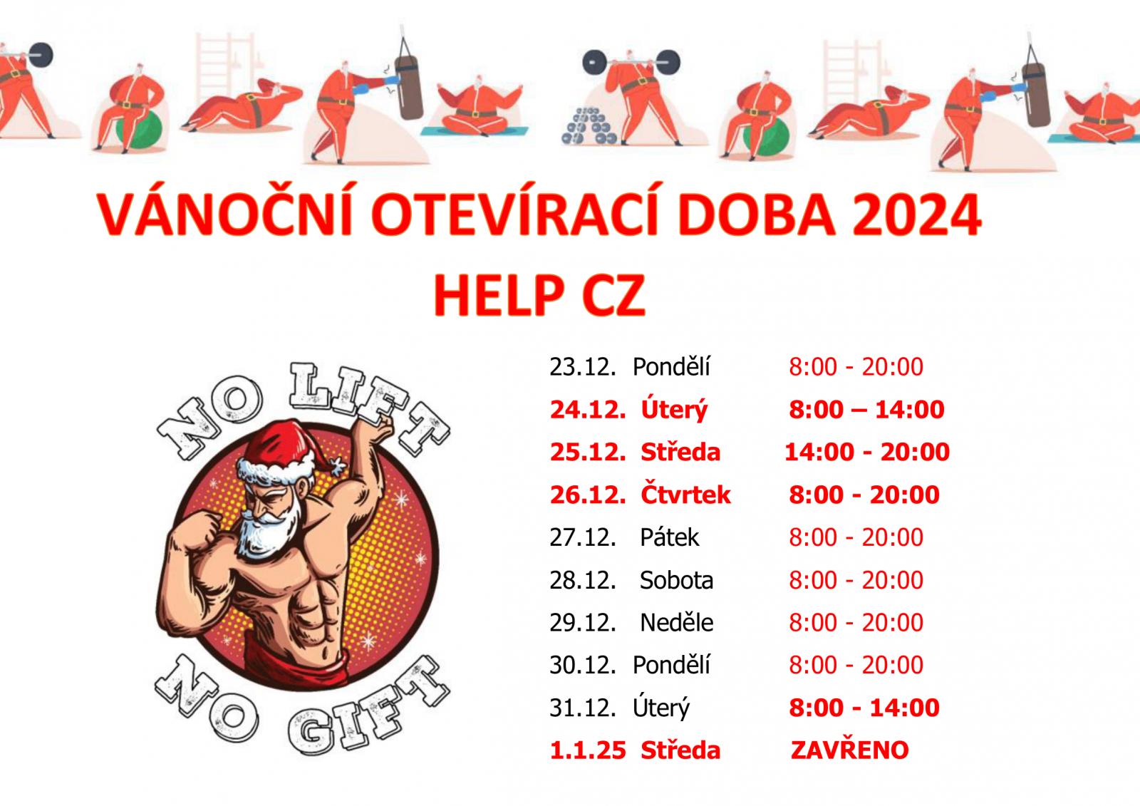 VÁNOČNÍ PROVOZNÍ DOBA!