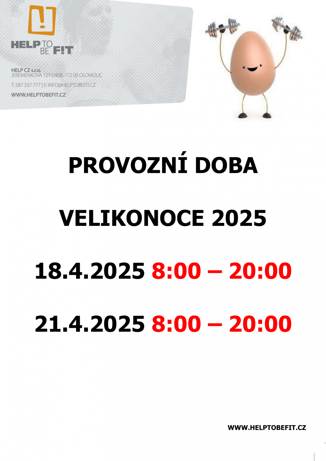 VELIKONOČNÍ PROVOZNÍ DOBA!
