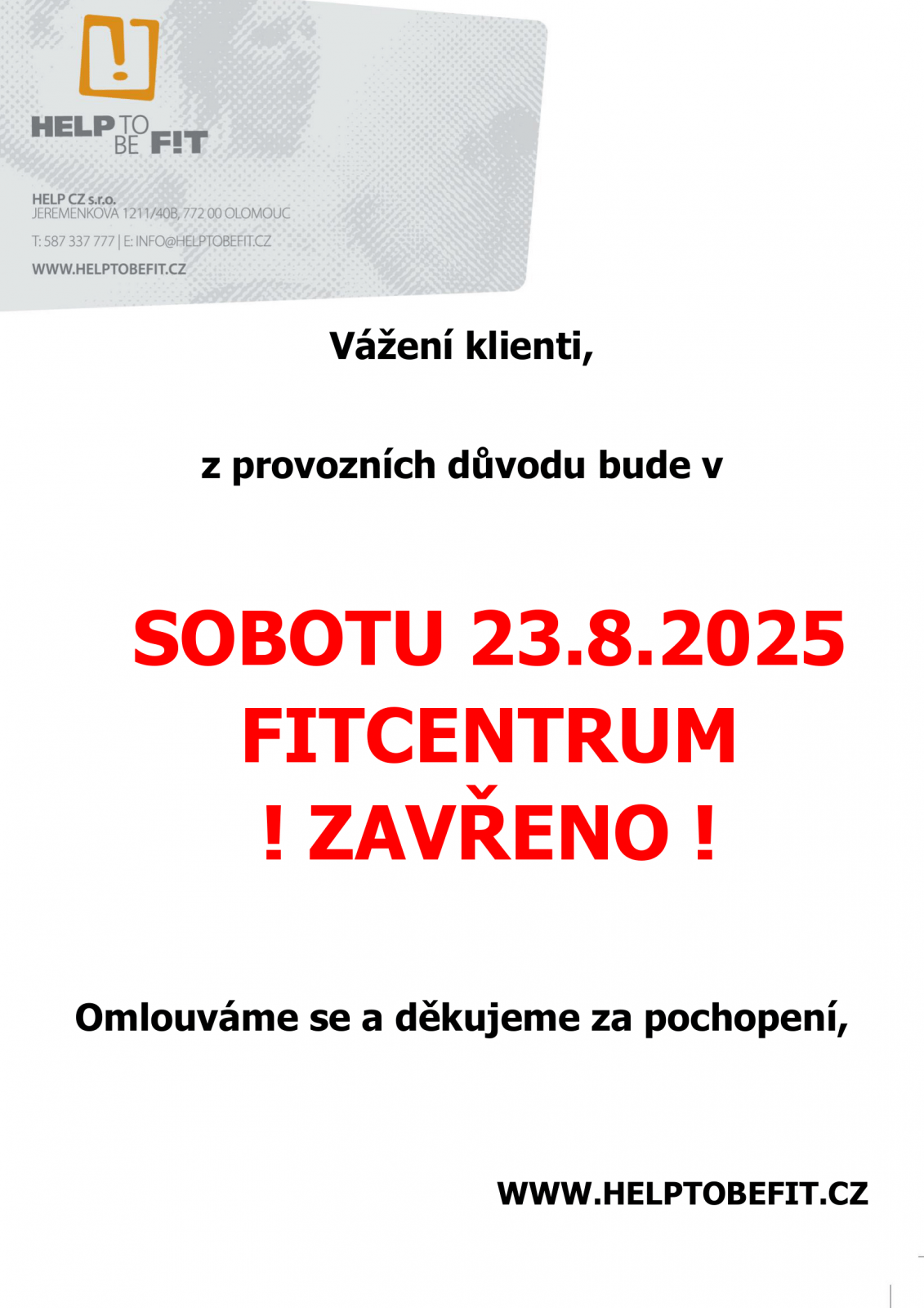 23.8.2025 ZAVŘENO!
