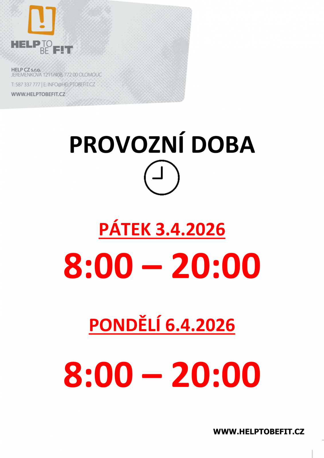 VELIKONOČNÍ PROVOZNÍ DOBA 2026!