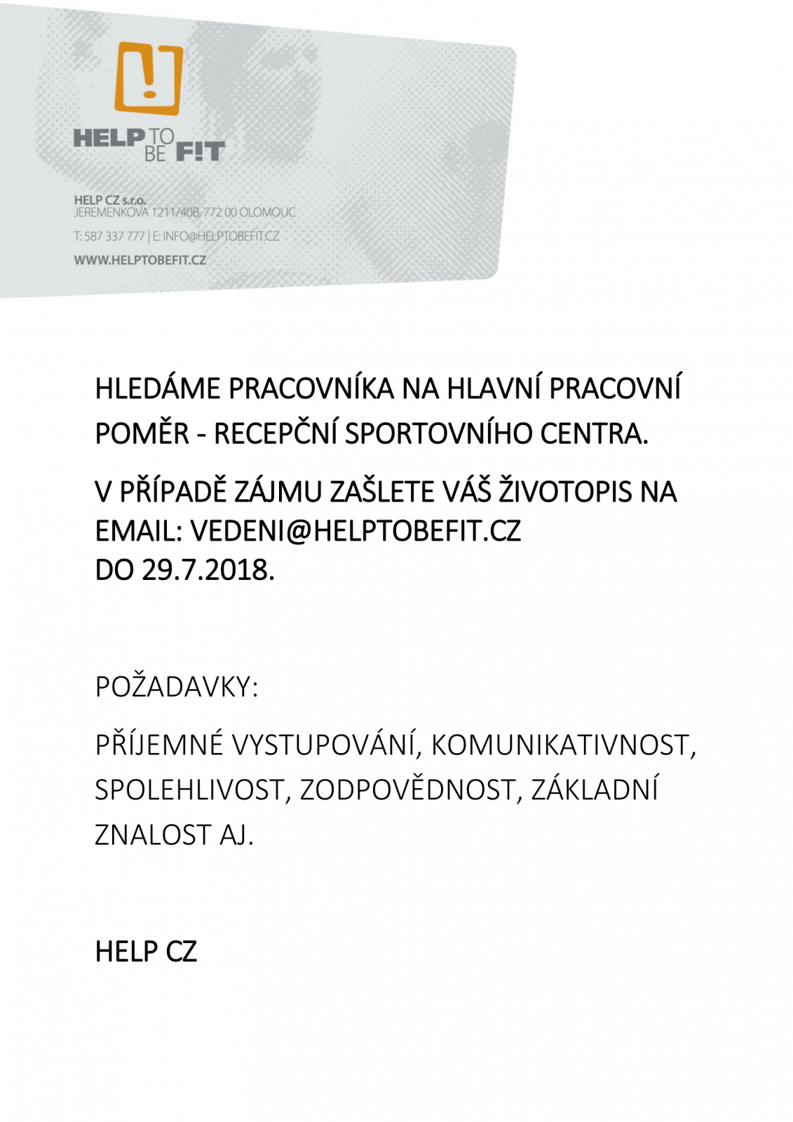 HLEDÁME PRACOVNÍKA NA POZICI RECEPČNÍ!