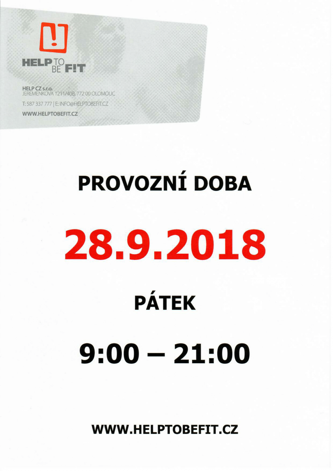 Provozní doba 28.9.2018!