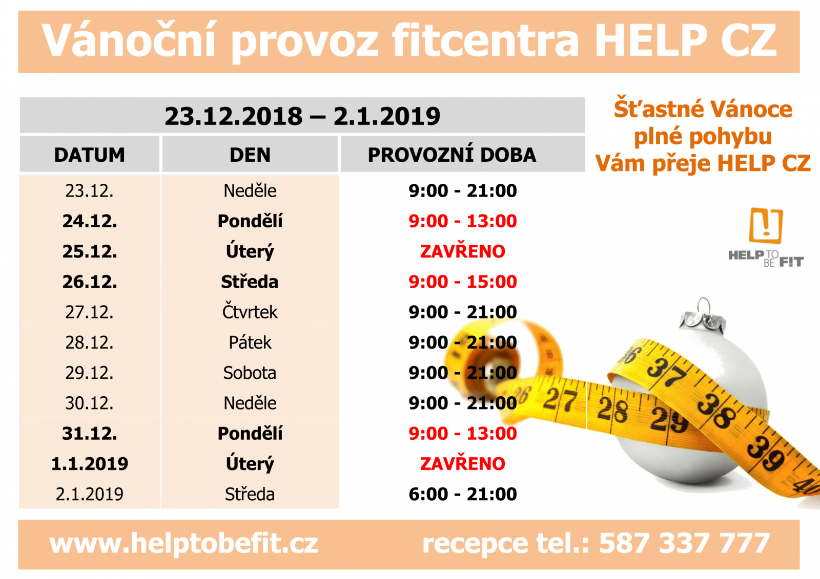 VÁNOČNÍ PROVOZ FITCENTRA!