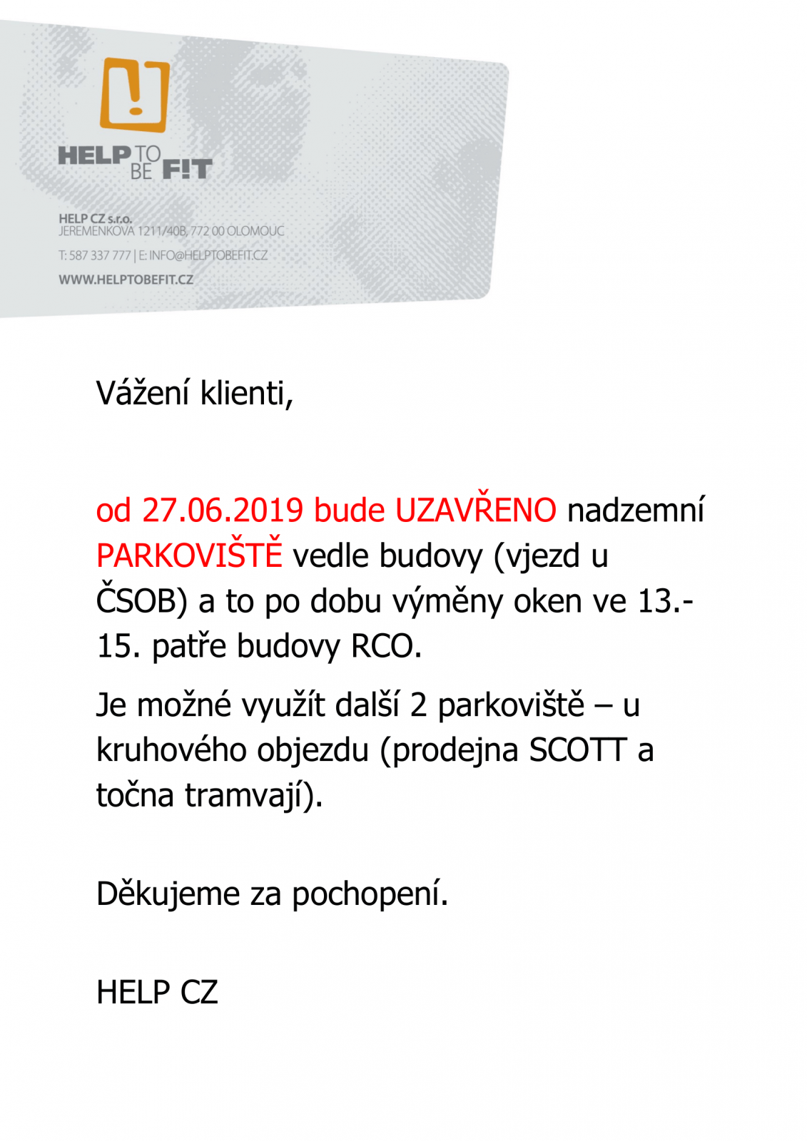 Omezení parkování!
